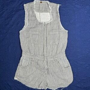 Free People FP One Romper Striped Sleeveless Frayed Edges Pockets Casual Stained